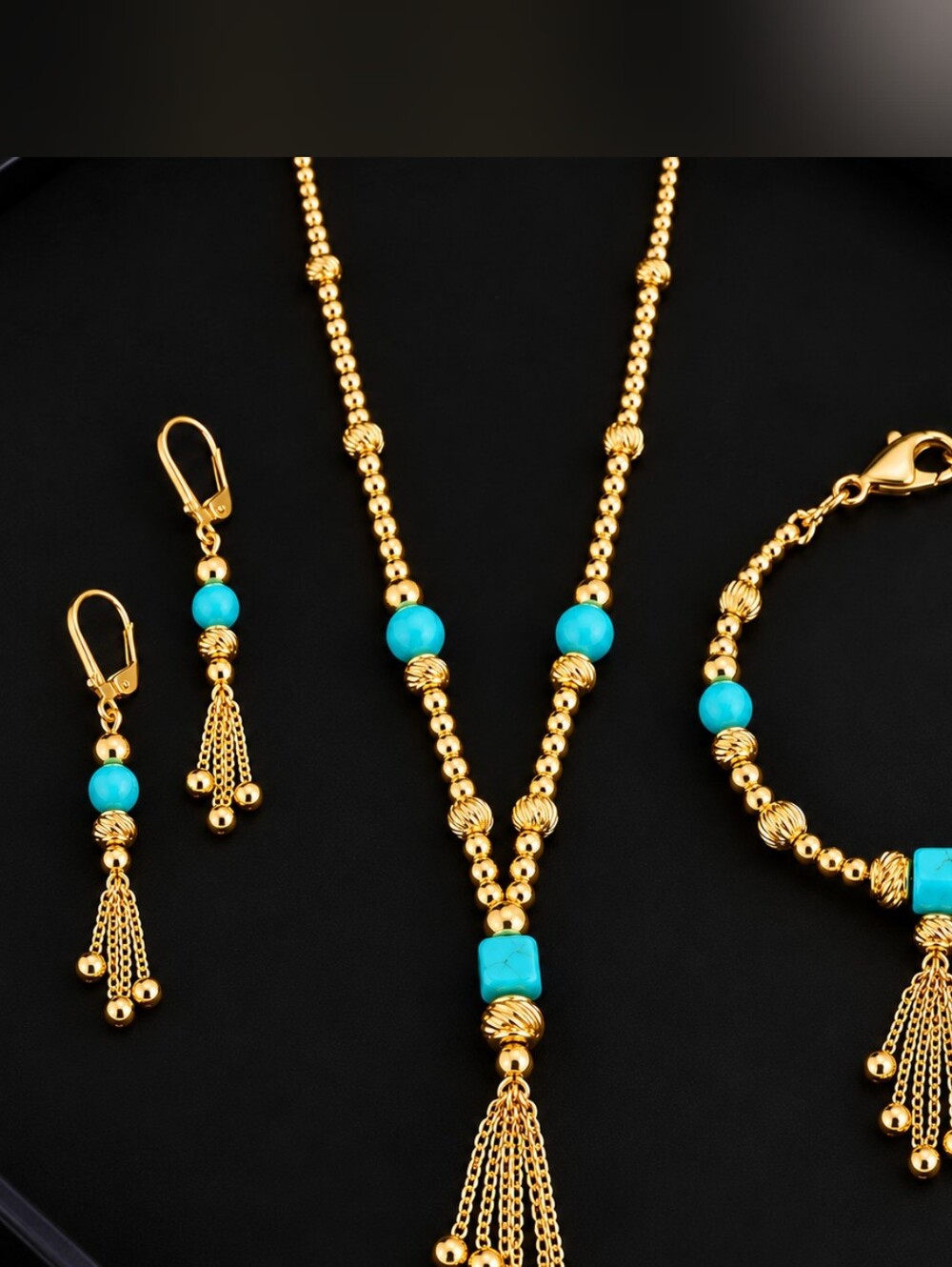22kgp DubaiGold and Turquoise 3 Pc Jewelry Set